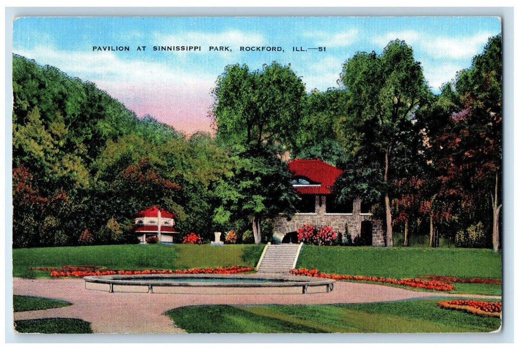 1940 Pavilion Sinnissippi Park Pond Exterior Building Rockford Illinois Postcard