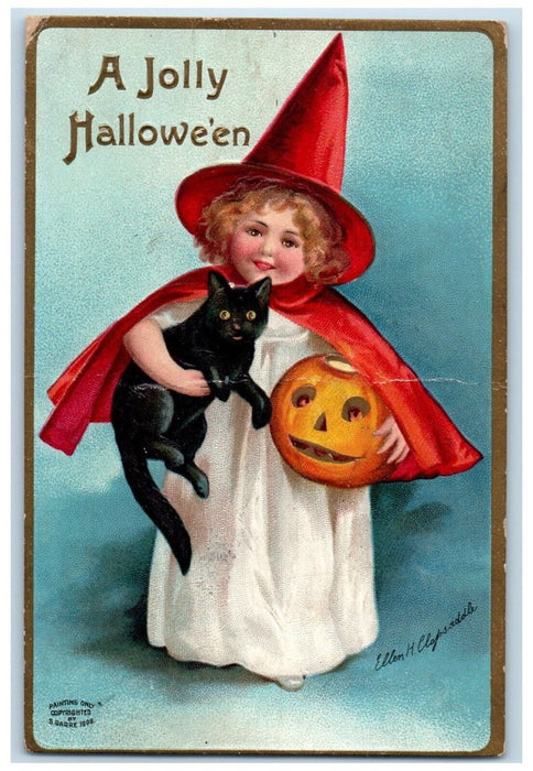1909 Jolly Halloween Girl Witch Hat Black Cat Ellen Clapsaddle Embossed Postcard