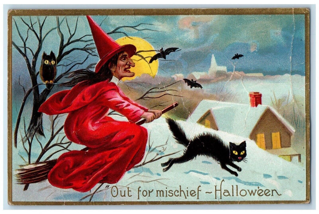 1911 Halloween Out For Mischief Black Cat Bat In Winter Fostoria OH Postcard