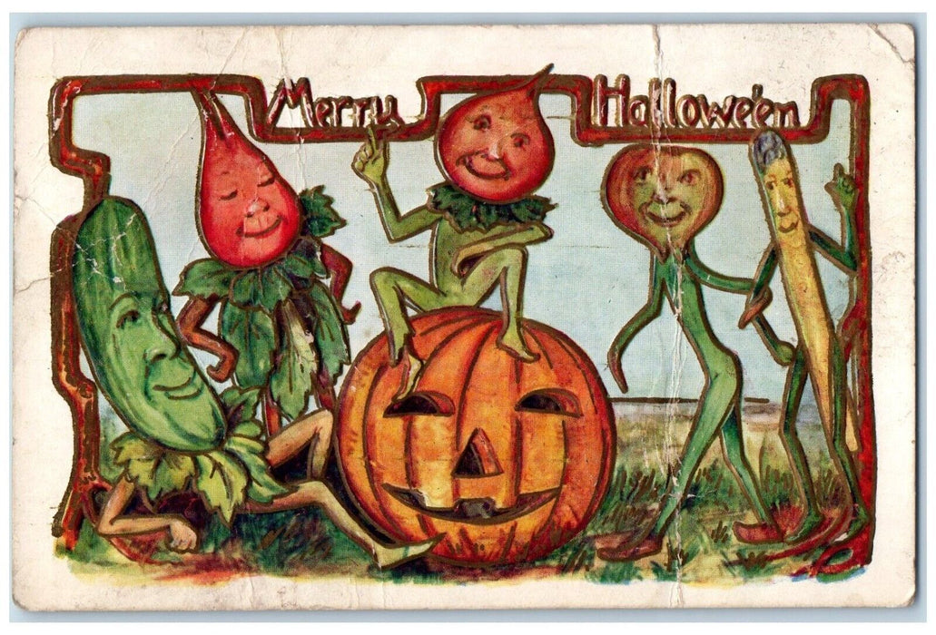 1910 Merry Halloween Pumpkin Vegetables Embossed Valparaiso IN Antique Postcard