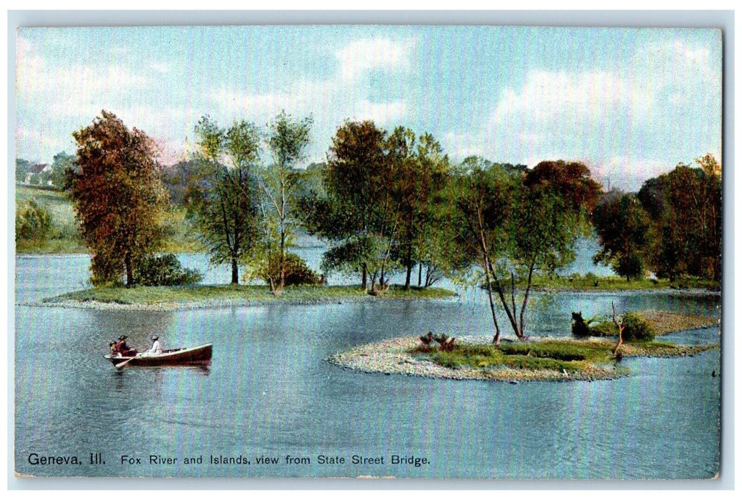 c1910 Fox River Islands State Street Bridge Canoe Boat Geneva Illinois Postcard