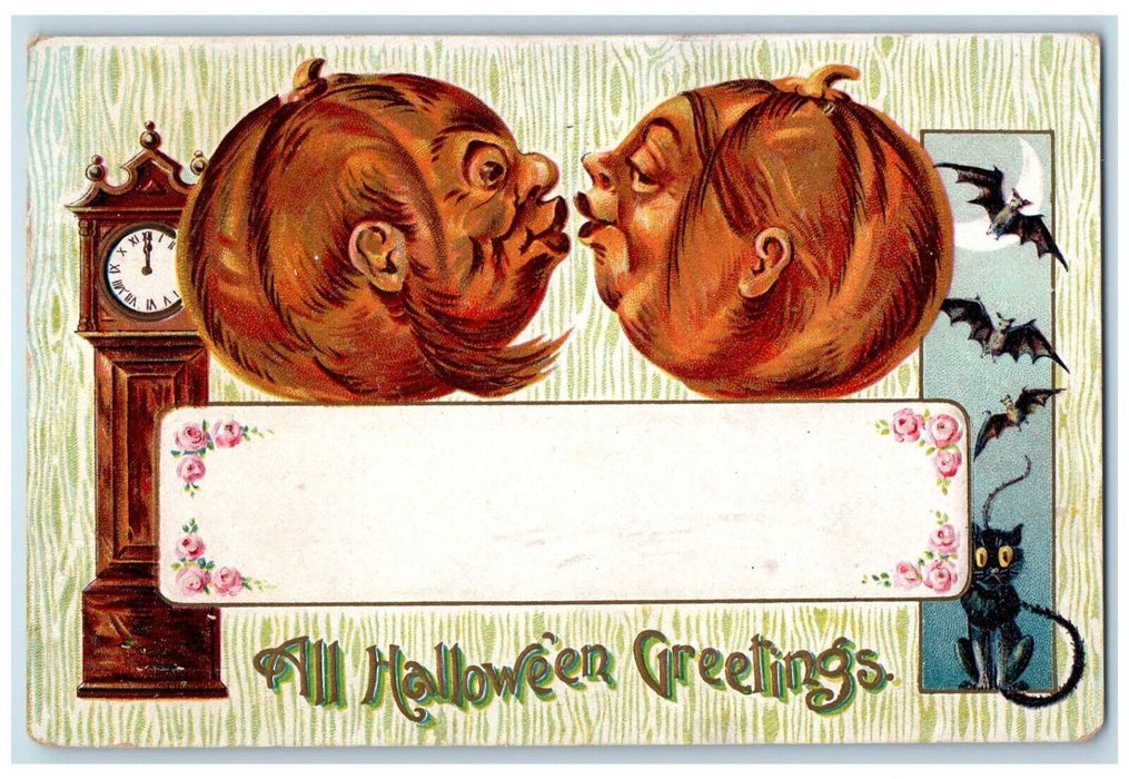 1908 Halloween Greetings Pumpkin Kissing Embossed Chicago Illinois IL Postcard