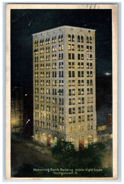 1917 Mahoning Bank Building Night Scene Youngstown Ohio OH Antique Postcard