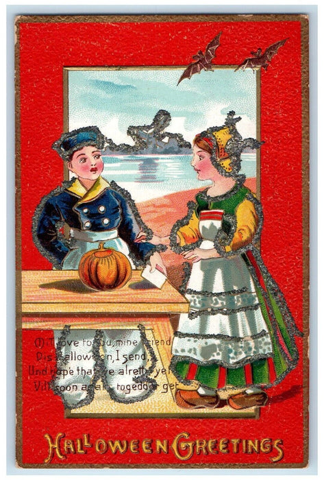 c1910's Halloween Greetings Dutch Couple Pumpkin Bat Glitter Embossed Postcard