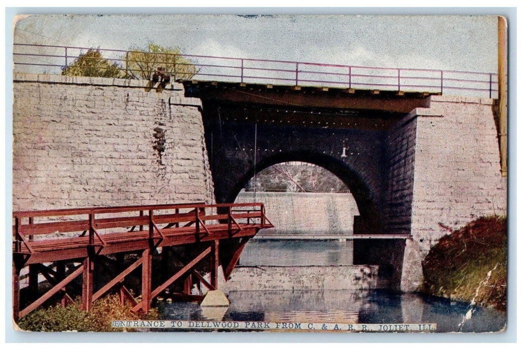 1910 Entrance Dellwood Park C&A.R.R. Bridge River Lake Joliet Illinois Postcard