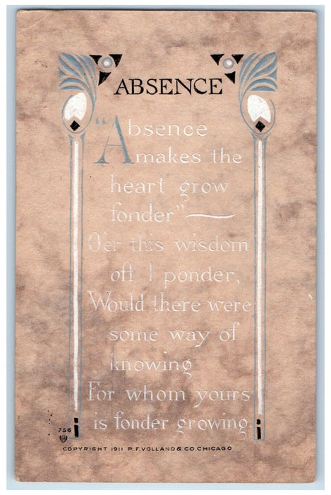 c1910's Absence Motto Volland Arts Crafts Evanston Illinois IL Antique Postcard