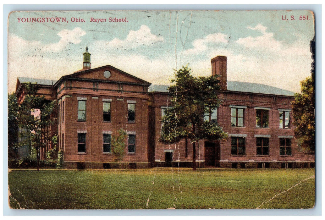 1908 Raven School Building Youngstown Ohio OH Antique Posted Postcard