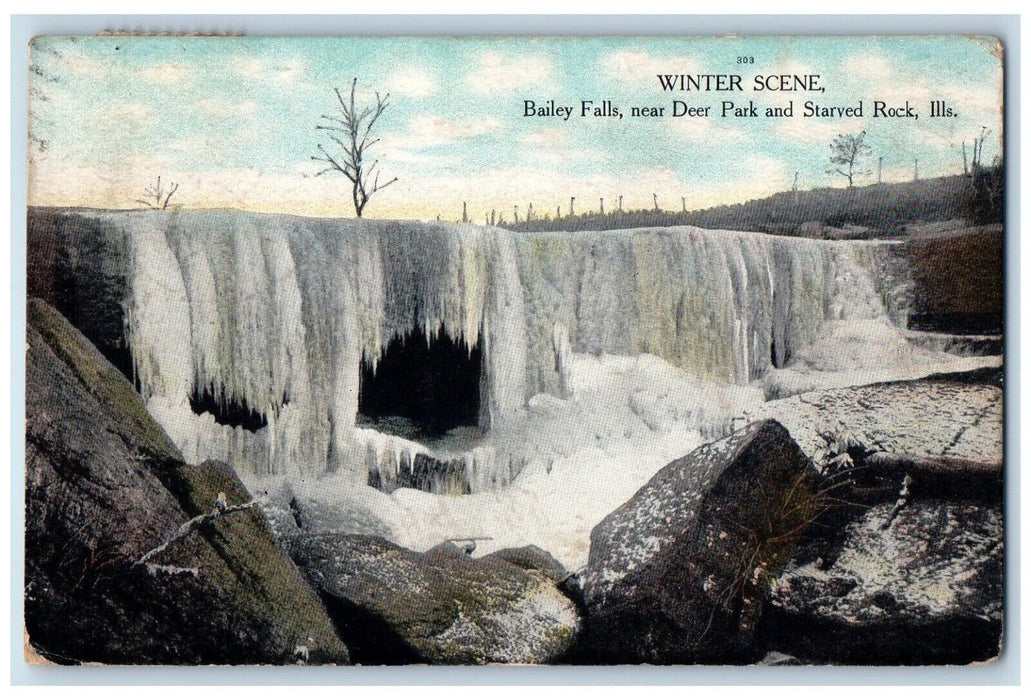 1915 Winter Scene Bailey Falls Deer Park Starved Rock Illinois Vintage Postcard