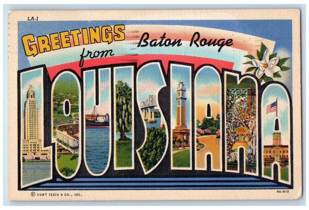 1941 Greetings From Baton Rouge Louisiana Large Letter Multiview Flower Postcard