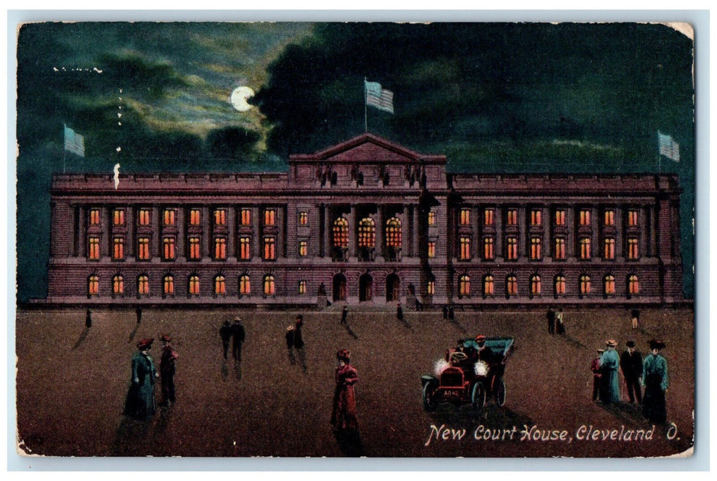 1909 New Court House at Moonlight Cleveland Ohio OH Antique Postcard