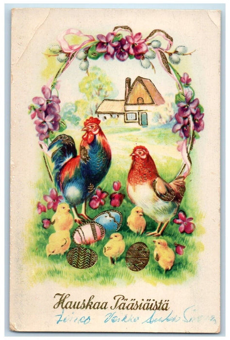 c1910's Easter Rooster Chicken Hen Chicks Eggs Flowers House Finland Postcard