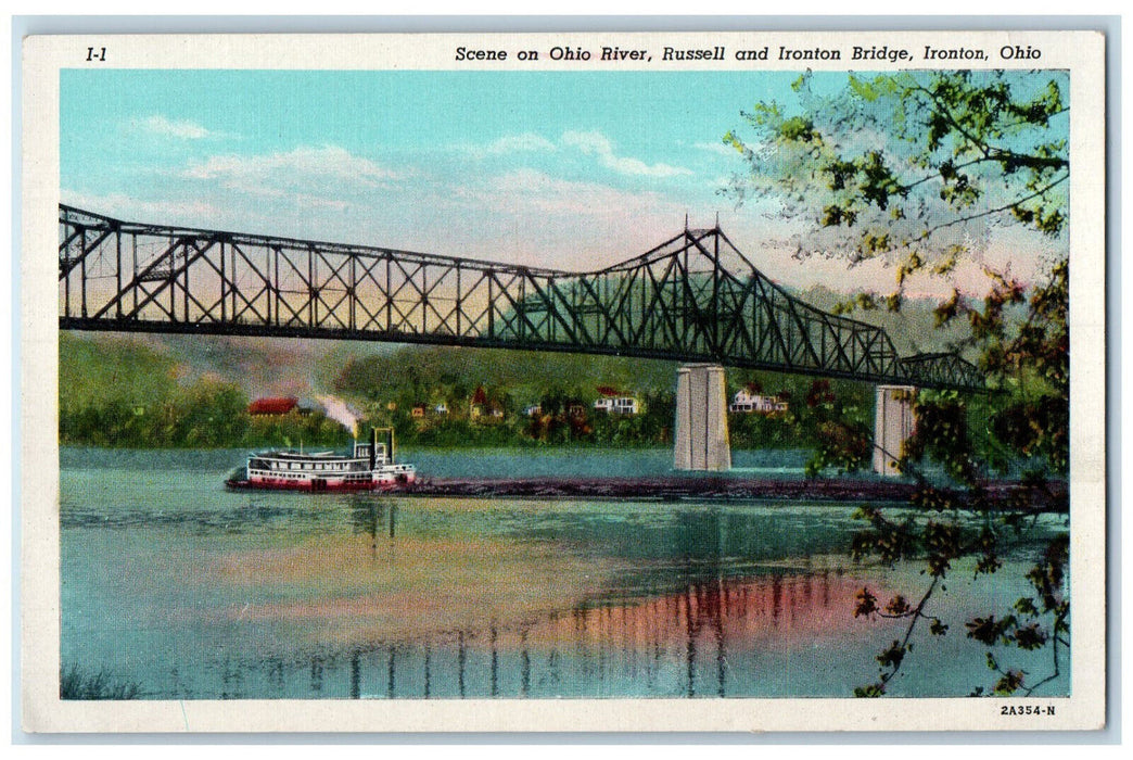 c1930's Scene on Ohio River Russell and Ironton Bridge Ironton OH Postcard