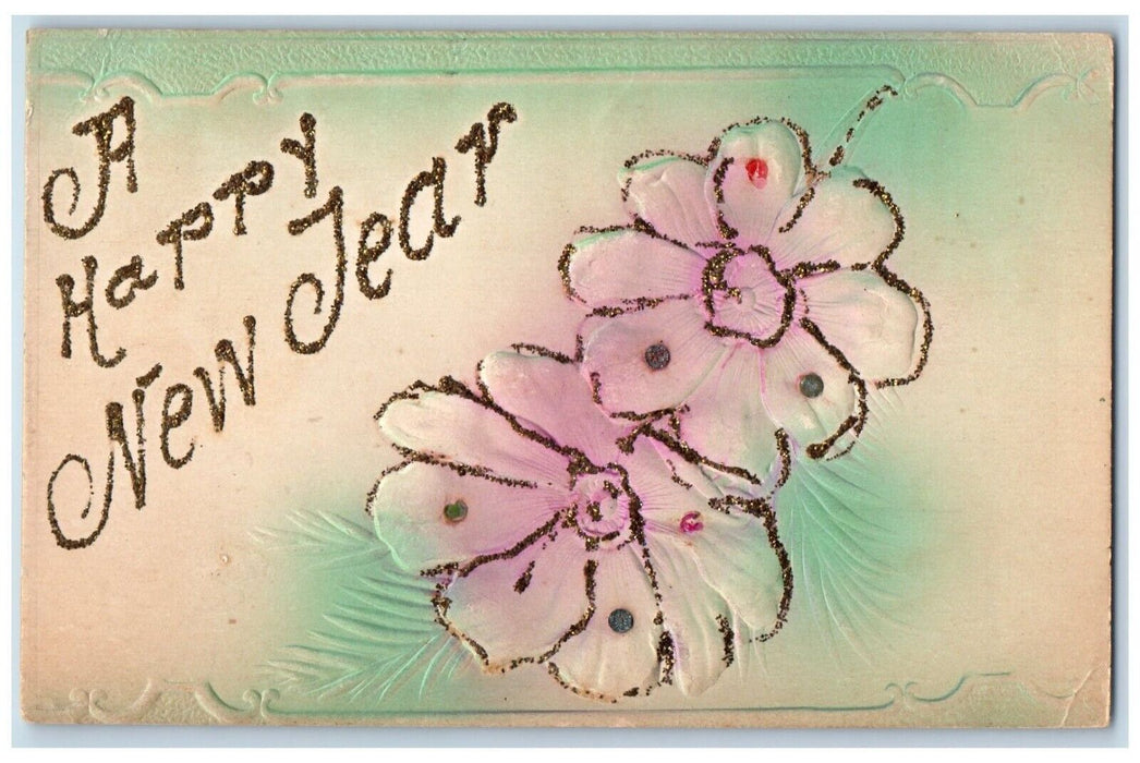 c1905 Happy New Year Flowers Airbrushed Glitter Tied Christmas Seal Postcard