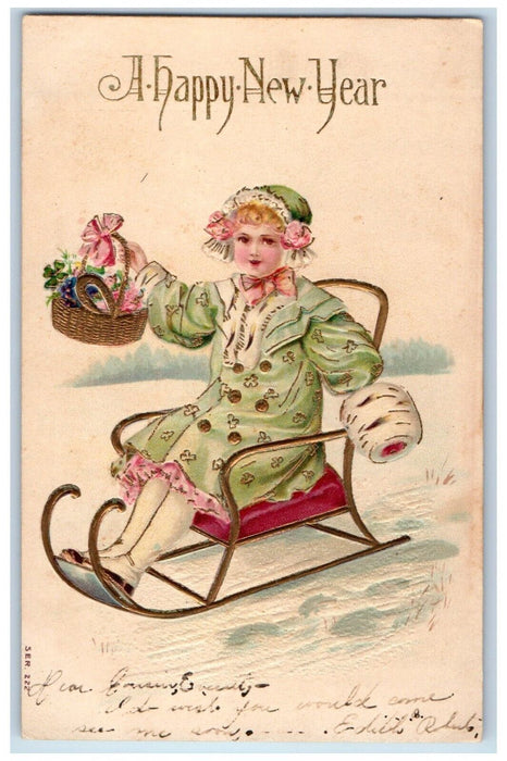 c1910's Happy New Year Girl Sled Handwarmer With Flowers Basket Winter Postcard