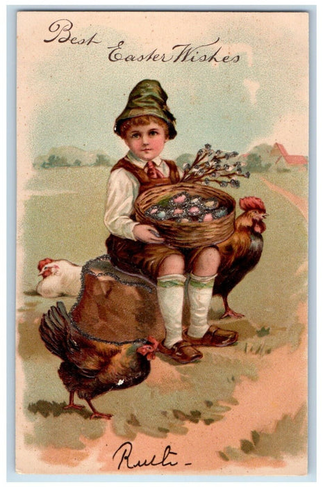 c1910's Easter Wishes Boy Holding Basket Of Eggs Pipe Berry Chicken Hen Postcard
