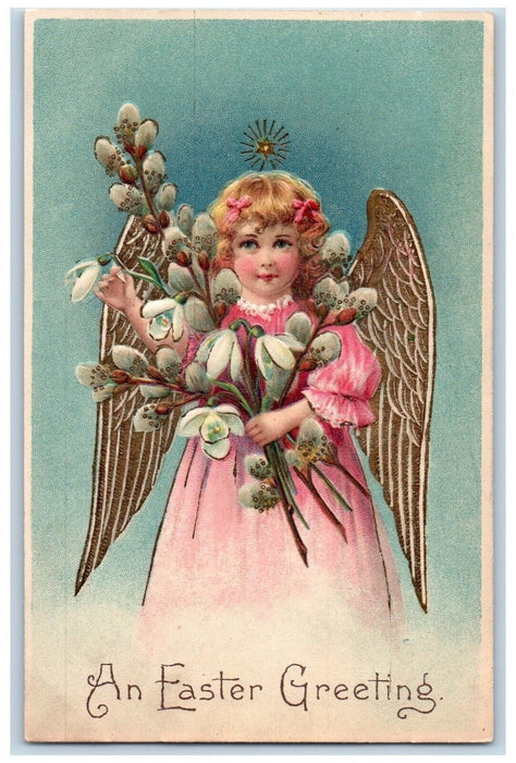 c1905 Easter Greetings Angel With Flowers Pipe Berry Embossed Antique Postcard