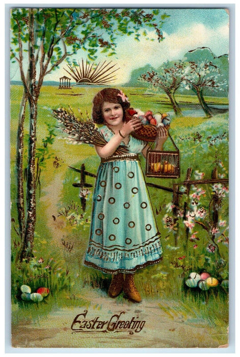 1911 Easter Greeting Girl Pipe Berry Eggs Basket Chick Gel Gold Gilt Postcard