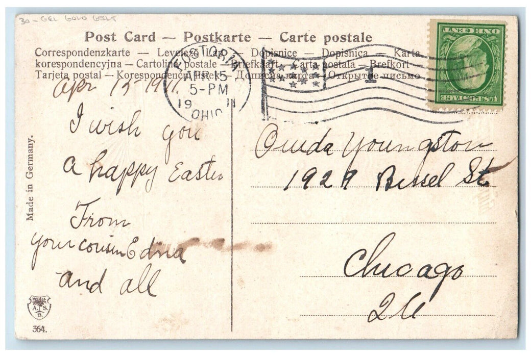 1911 Easter Greeting Girl Pipe Berry Eggs Basket Chick Gel Gold Gilt Postcard