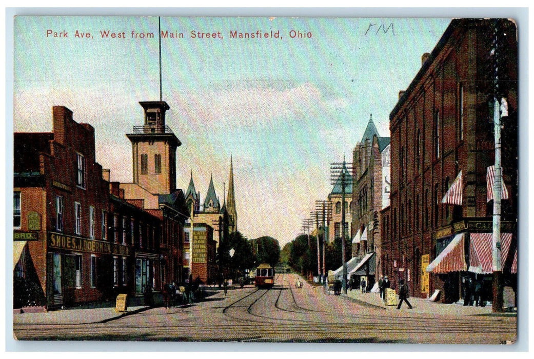 c1910 Trolley Car Park Avenue West from Main Street Mansfield Ohio OH Postcard