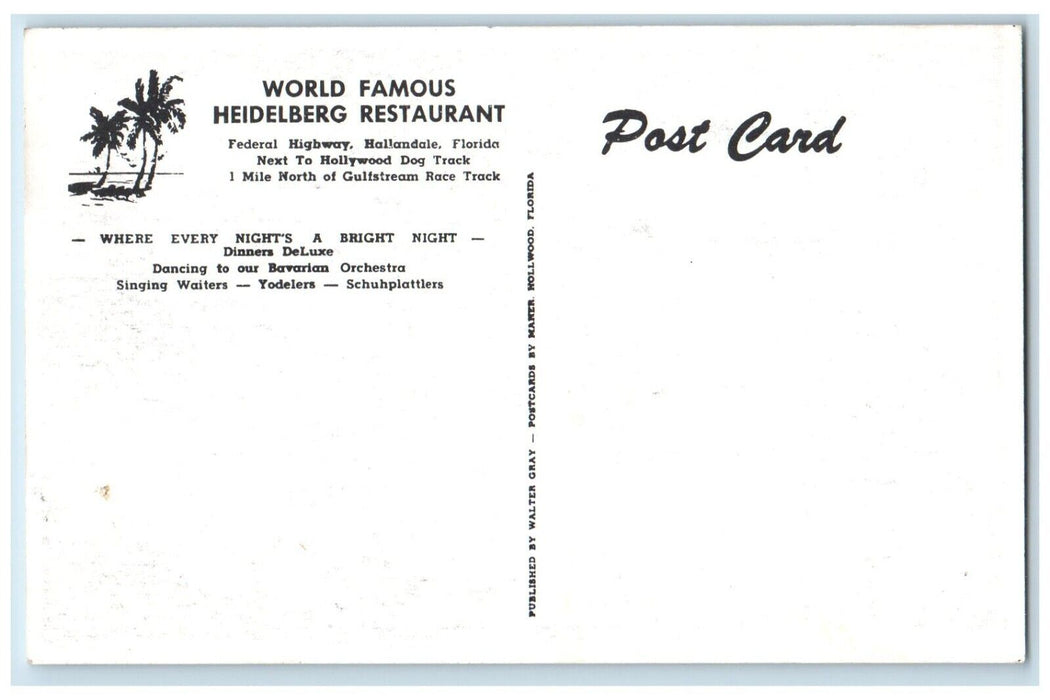c1940 World Famous Heidelburg Restaurant Singing Waiters Hallandale FL Postcard