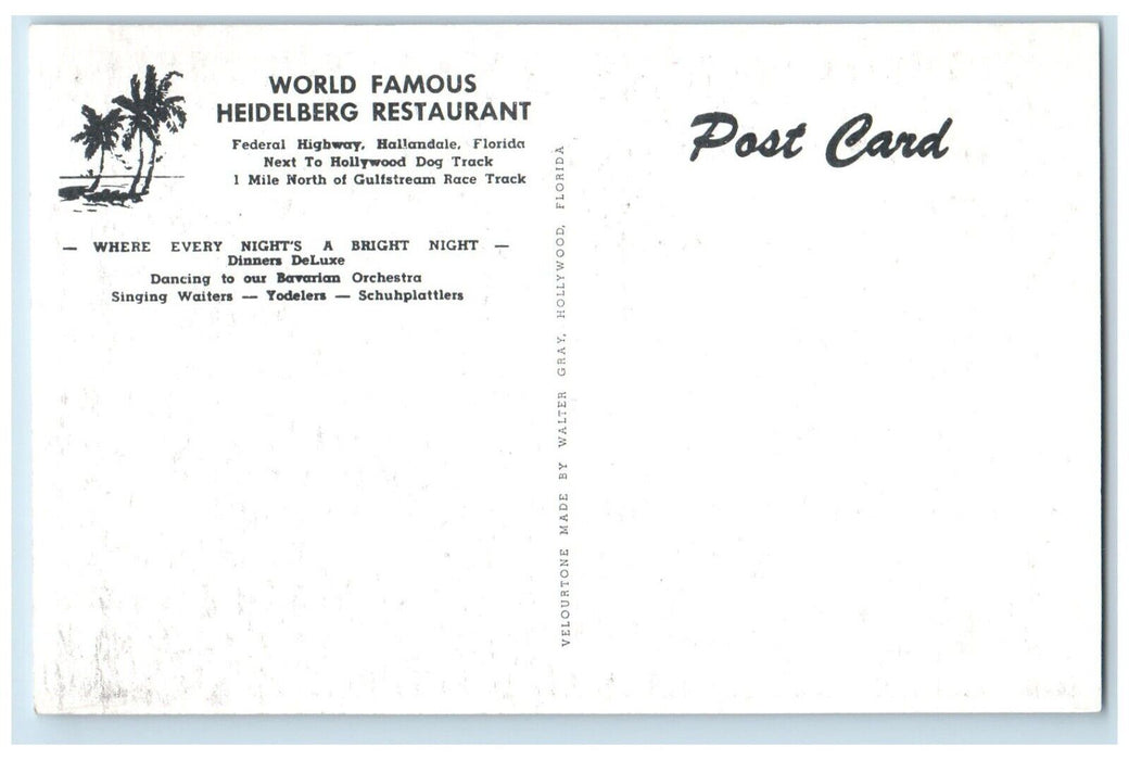 c1940 World Famous Heidelburg Restaurant Dancing Waiters Hallandale FL Postcard