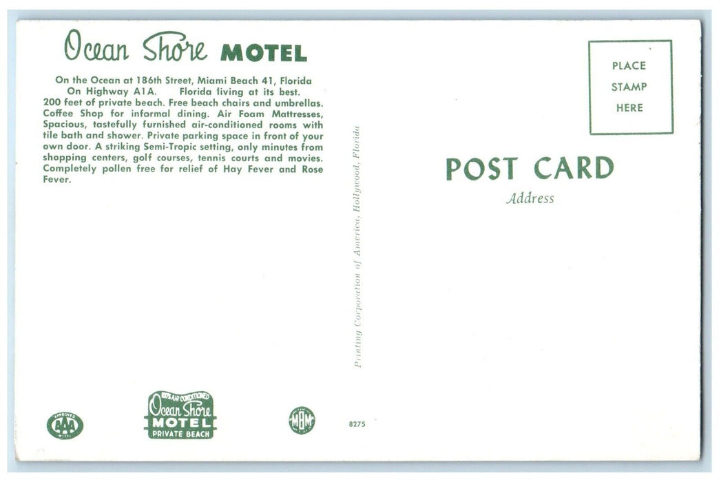 c1960 Roadside View Ocean Shore Motel Building Miami Beach Florida FL Postcard
