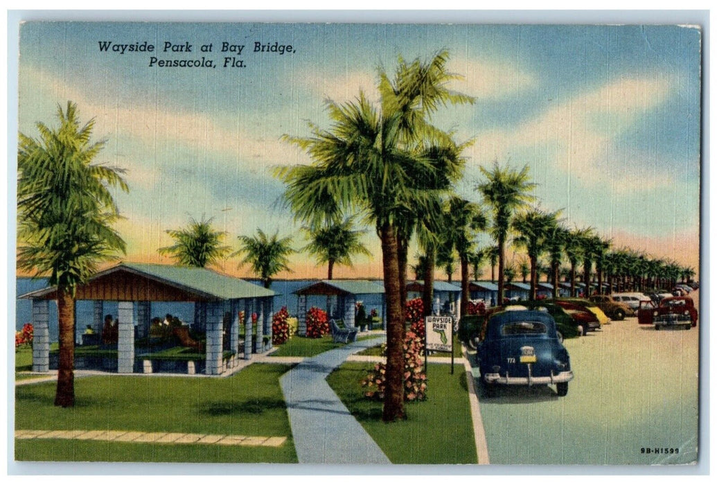 1957 Wayside Park Bay Bridge Classic Cars Park Pensacola Florida Posted Postcard
