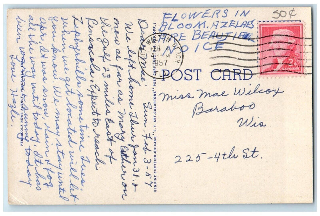 1957 Wayside Park Bay Bridge Classic Cars Park Pensacola Florida Posted Postcard