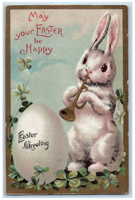 1913 Easter Greeting Egg Bunny Rabbit Trumpet Shamrocks Leesburg IN Postcard