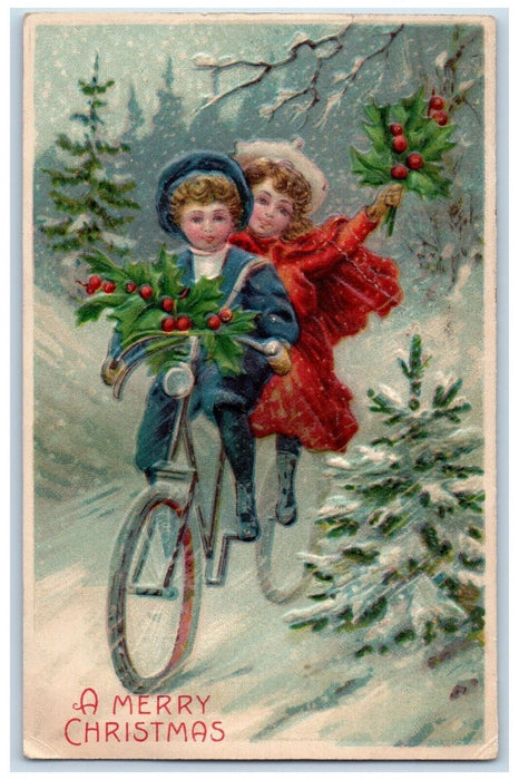1907 Merry Christmas Children Riding Bicycle Holly Berries Embossed Postcard