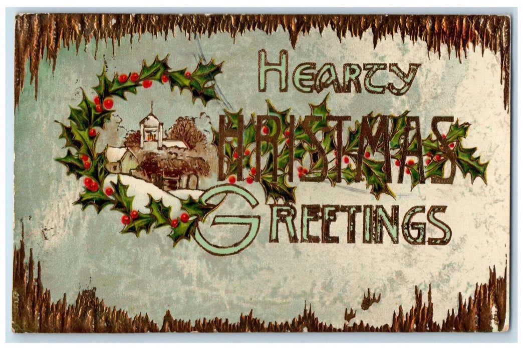 1911 Christmas Greetings Holly Berries Gel Gold Gilt Fostoria Ohio OH Postcard