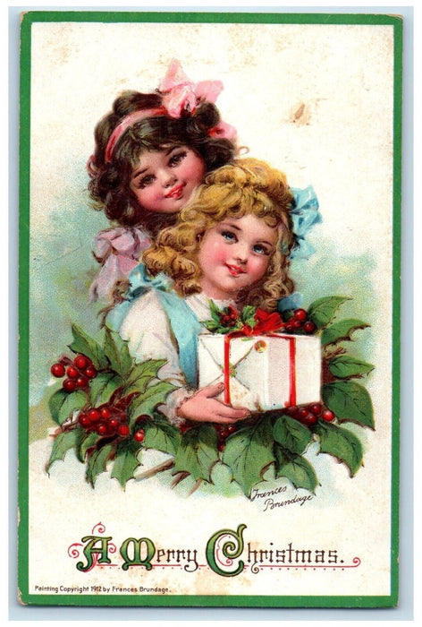 1912 Christmas Girls Holly Berries And Gift Frances Brundage Embossed Postcard