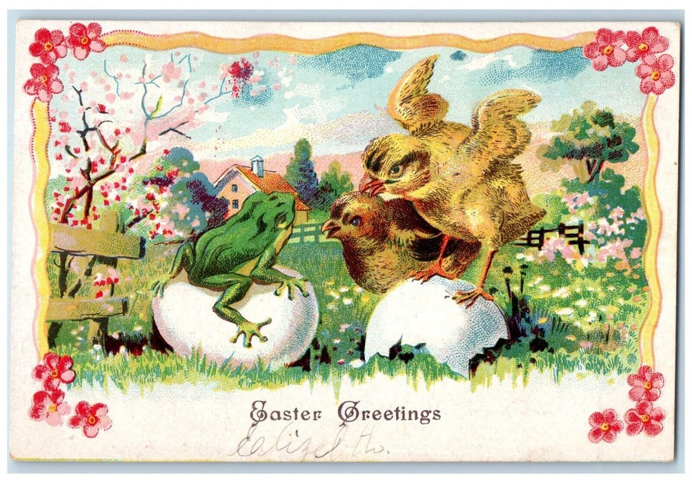 c1910's Easter Greetings Hatched Egg Chicks Frog Flowers Embossed Postcard