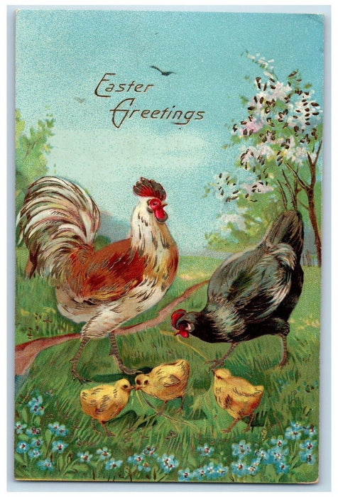 1910 Easter Greetings Chicken Rooster Chicks Flowers Gel Gold Gilt Postcard