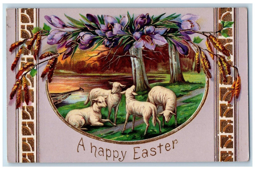 1912 Happy Easter Lamb Purple Flowers Cattail Gel Gold Gilt Antique Postcard