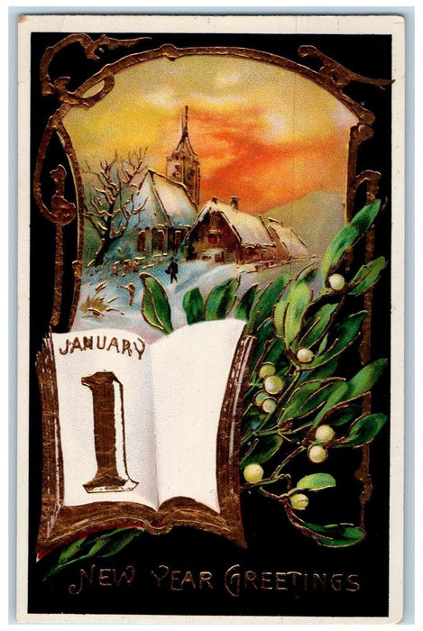 1912 New Year Greetings January 1 Calendar Mistletoe Gel Gold Gilt Postcard