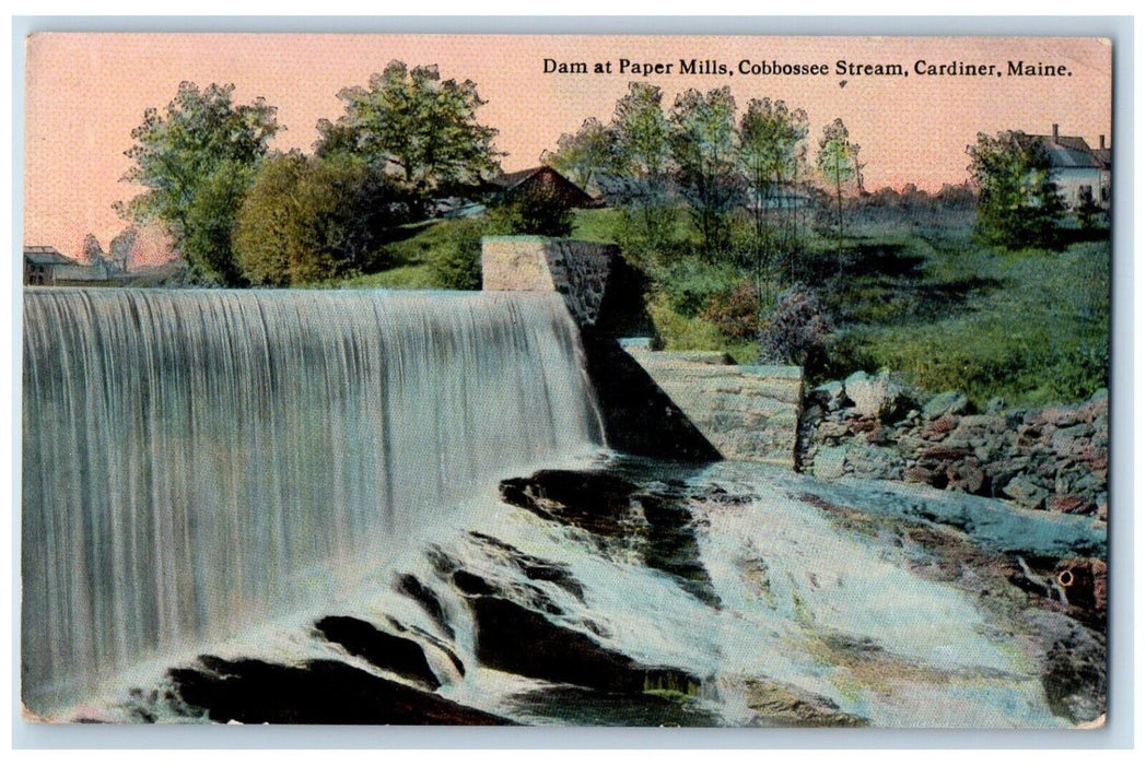 1913 Dam Paper Mills Cobbossee Stream River Lake Cardiner Maine Vintage Postcard