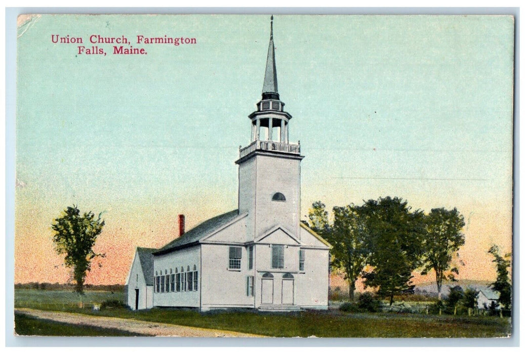 1912 Union Church Chapel Exterior Building Field Farmington Falls Maine Postcard