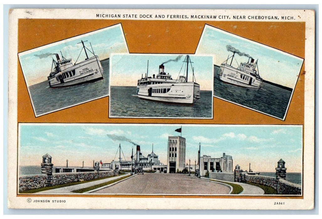 1932 Michigan State Dock Ferries Mackinaw City Cheboygan Multi-View MI Postcard