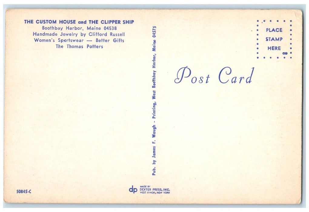 c1940 Custom House Clipper Ship Wharf Street Boothbay Harbor Maine ME Postcard