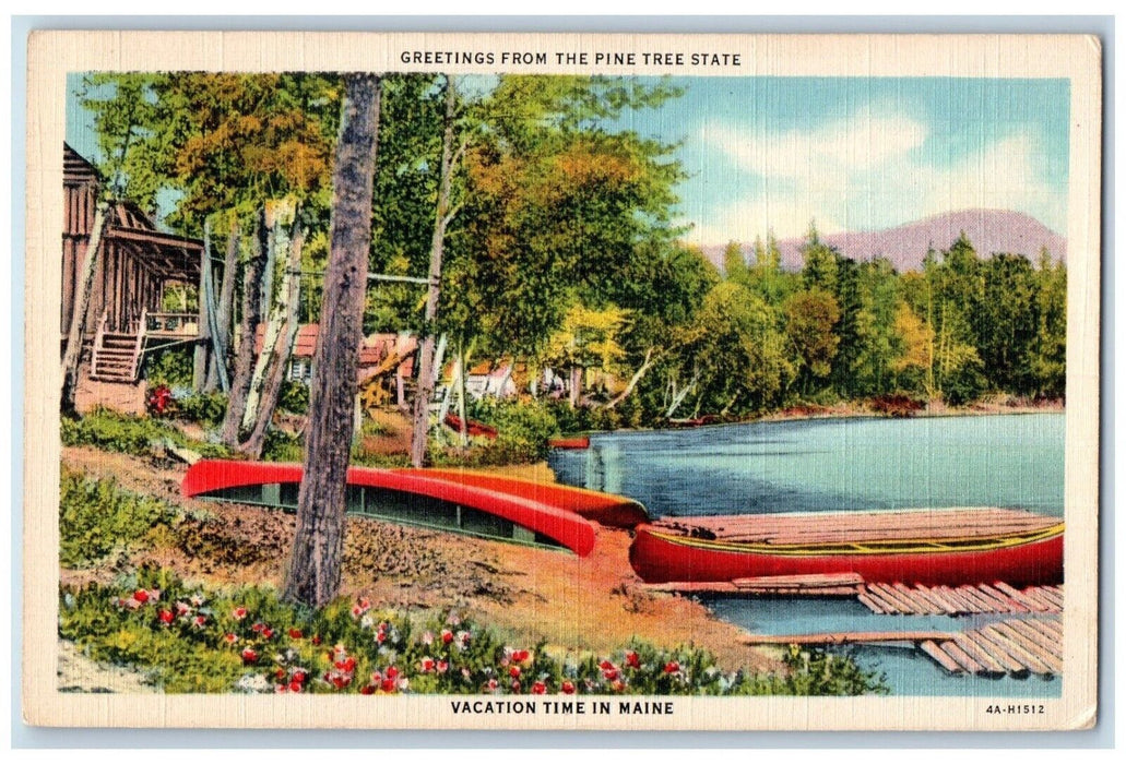 1943 Greetings From Pine Tree State Canoe Boat Lake Vacation Time Maine Postcard