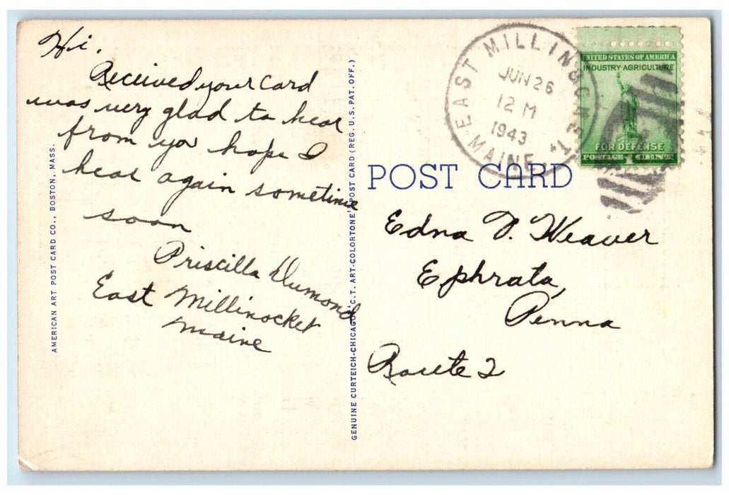 1943 Greetings From Pine Tree State Canoe Boat Lake Vacation Time Maine Postcard