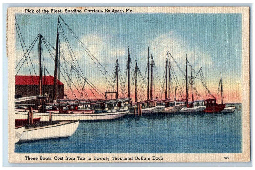 1944 Pick Fleet Sardine Carriers Boats Dock Port Pier Eastport Maine ME Postcard