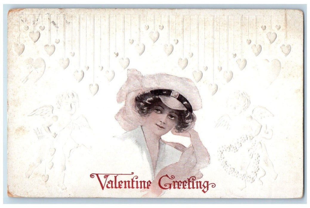 1912 Valentine Greeting Pretty Woman Big Hat Hearts Gibson Embossed Postcard