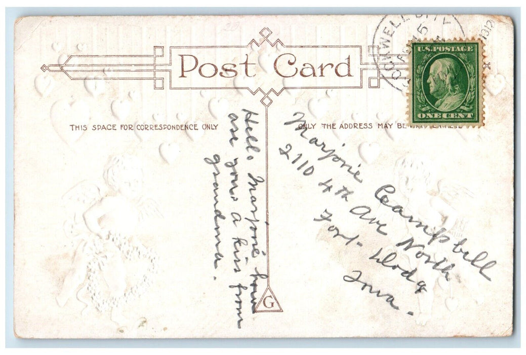 1912 Valentine Greeting Pretty Woman Big Hat Hearts Gibson Embossed Postcard