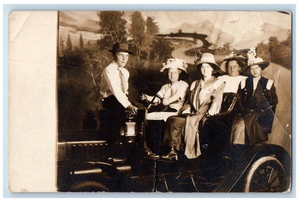 c1910's Man Women Hats Car Studio Portrait Ely Iowa IA RPPC Photo Postcard