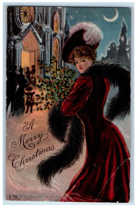 c1910's Christmas Pretty Woman Big Hat Feather Holly Berries Church Postcard