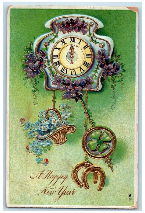 1909 Happy New Year Horseshoe Ringing Clock Flowers Basket Embossed Postcard