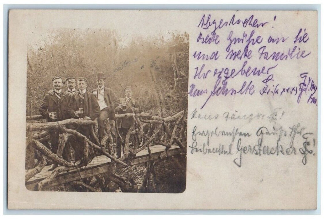1908 Men Drinking Beer On Bridge Stein Wurzburg Germany RPPC Photo Postcard