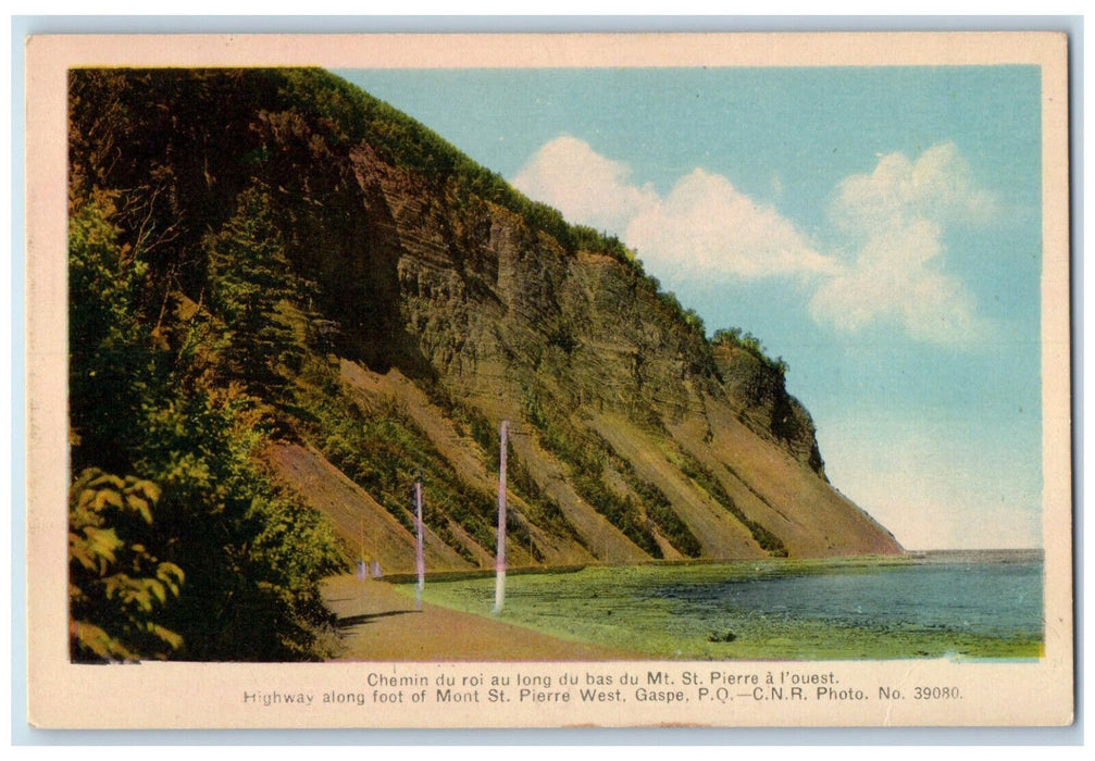 c1950's Highway Along Foot of Mont St. Pierre West Gaspe PQ Canada Postcard